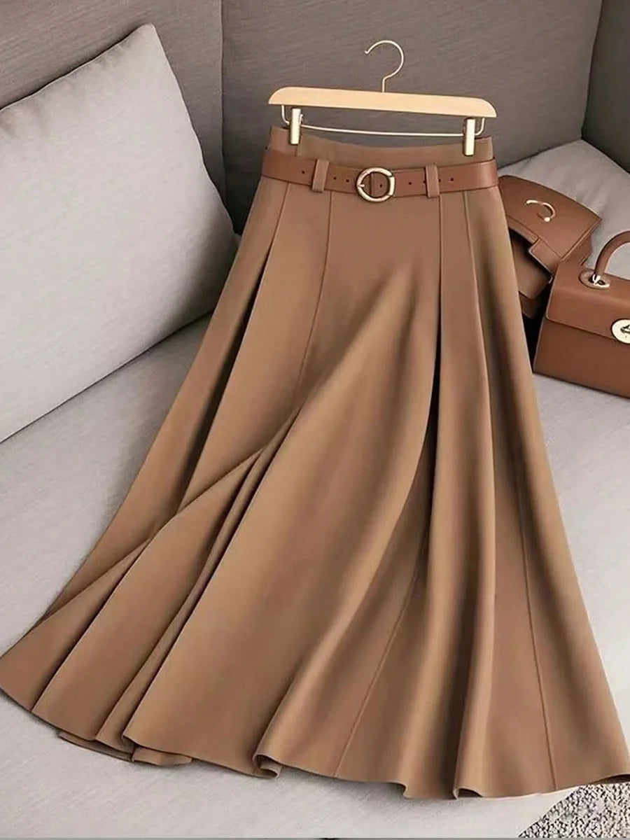 New Elegant Fashion Skirts For Women 2026 Spring Autumn Patchwork Pleated A-Line Mid-length Skirts Commuting Office Lady Skirt