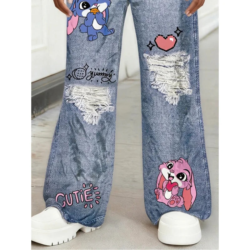 Hot Sale Kids Girls Cartoon Bunny Print Ripped Wide Leg Faux Jeans - Fashionable Ripped Faux Jeans for Kids Streetwear