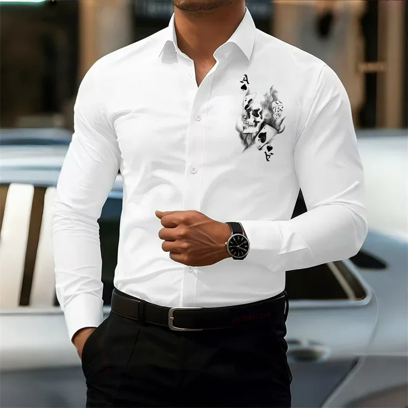 Men's Slim-Fit Long-Sleeve White Shirt with Poker Skull Print Design, Stylish Business Shirt, Outdoor Street Casual Men's Top