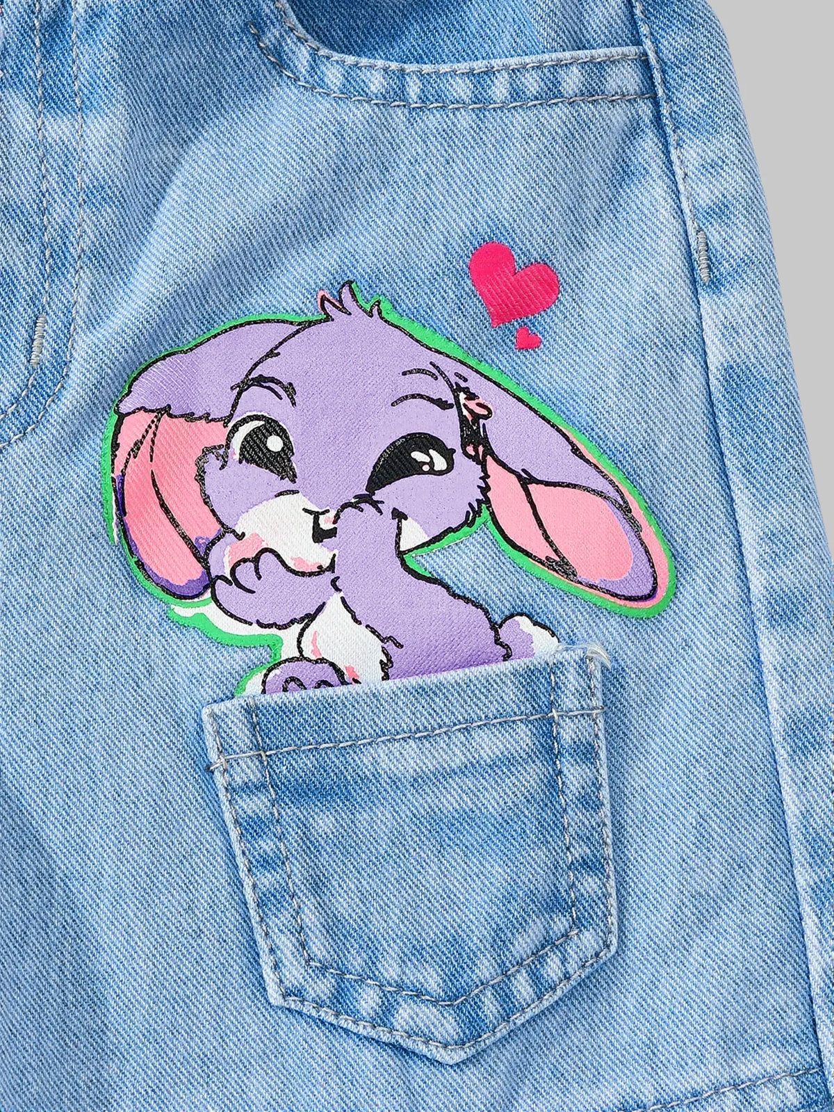 2Pcs Girls' Spring/Summer Outfit: Cute Cartoon Rabbit Print Short Sleeve T-Shirt + Elastic Waist Faux Denim Print Straight-Leg Pants, Fashionable and Playful Youthful Clothing for Girls, Suitable for Daily Wear, Home, Outdoor