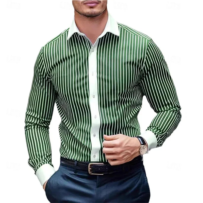 New Men's Striped Long-Sleeved Shirt, Stylish Design, Lapel Collar, Casual and Trendy Men's Top, Outdoor and Street Style