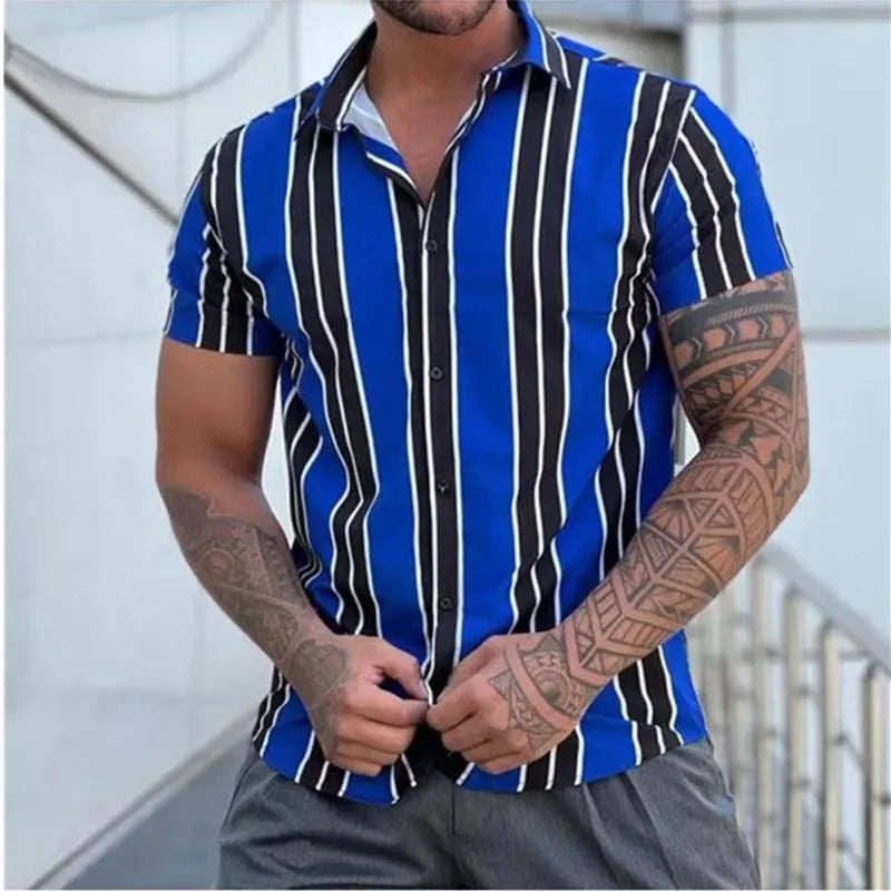 2026 New Men's Fashion Striped Printed Short Sleeved T-shirt Summer Top Men's Button Casual T-shirt Clothing