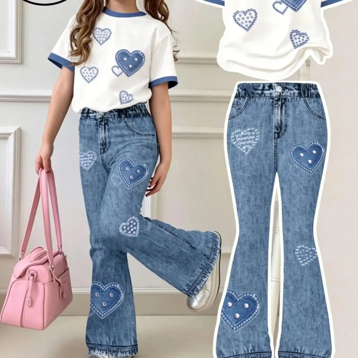 Girls' Summer and Autumn Casual Outfit Set: Girls' Heart-Print Two-Piece Set with Contrasting Color Trim Short-Sleeve T-Shirt + Faux Denim Flared Pants Set, Suitable for Girls Aged 4-12, for Home and Outing Wear