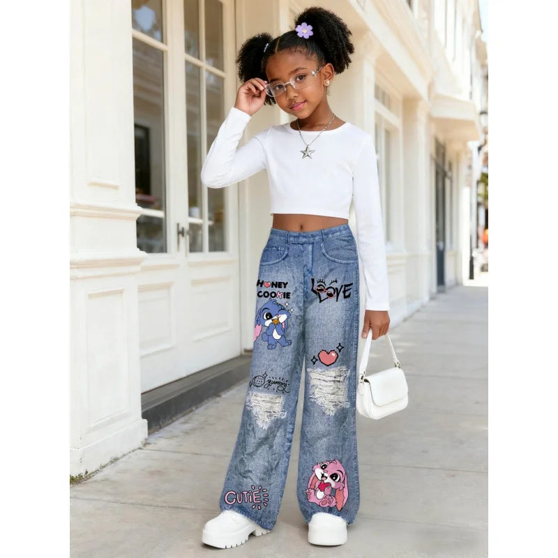 Hot Sale Kids Girls Cartoon Bunny Print Ripped Wide Leg Faux Jeans - Fashionable Ripped Faux Jeans for Kids Streetwear