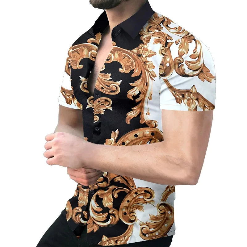 2026 New Men's Fashion Striped Printed Short Sleeved T-shirt Summer Top Men's Button Casual T-shirt Clothing