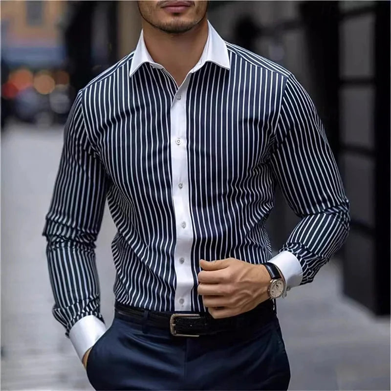 New Men's Striped Long-Sleeved Shirt, Stylish Design, Lapel Collar, Casual and Trendy Men's Top, Outdoor and Street Style