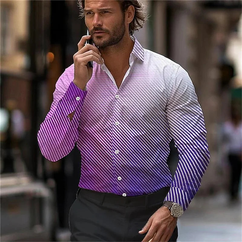 New Men's Striped Long-Sleeved Shirt, Stylish Design, Lapel Collar, Casual and Trendy Men's Top, Outdoor and Street Style