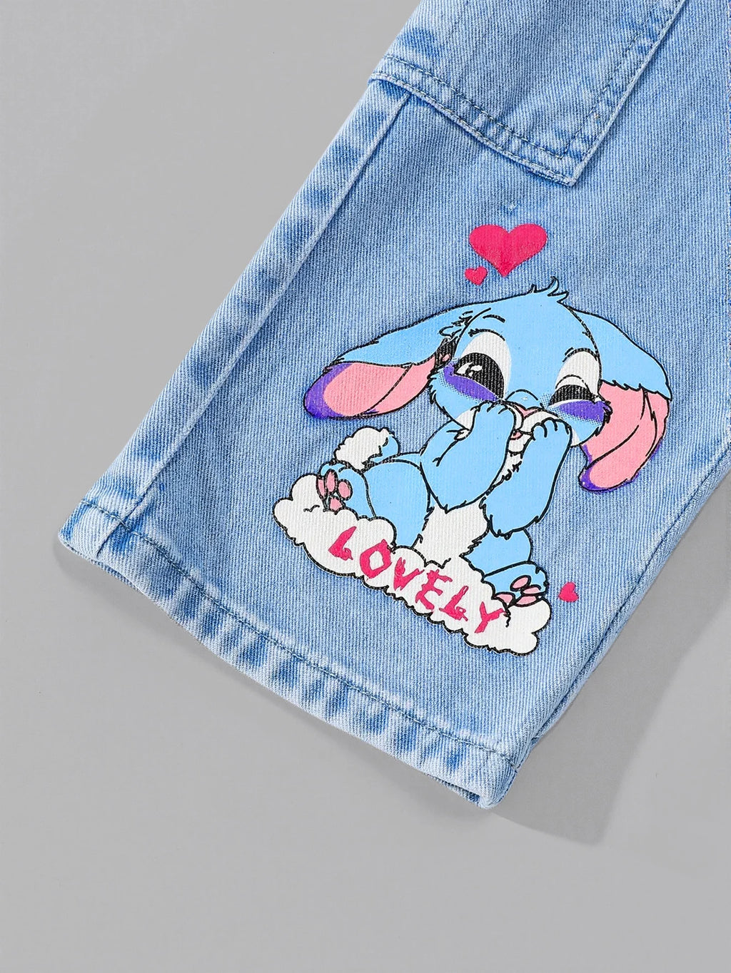 2Pcs Girls' Spring/Summer Outfit: Cute Cartoon Rabbit Print Short Sleeve T-Shirt + Elastic Waist Faux Denim Print Straight-Leg Pants, Fashionable and Playful Youthful Clothing for Girls, Suitable for Daily Wear, Home, Outdoor