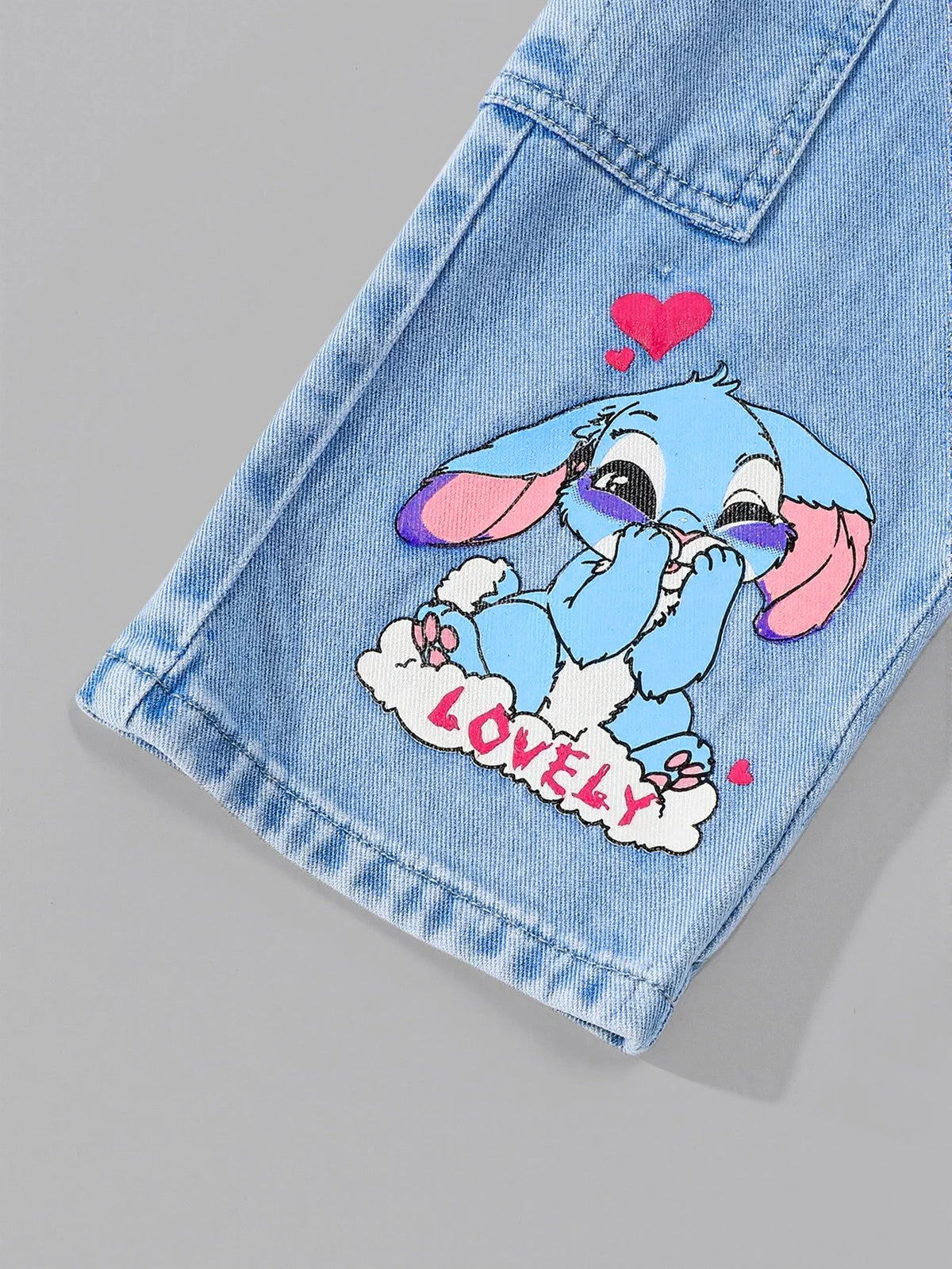 2Pcs Girls' Spring/Summer Outfit: Cute Cartoon Rabbit Print Short Sleeve T-Shirt + Elastic Waist Faux Denim Print Straight-Leg Pants, Fashionable and Playful Youthful Clothing for Girls, Suitable for Daily Wear, Home, Outdoor