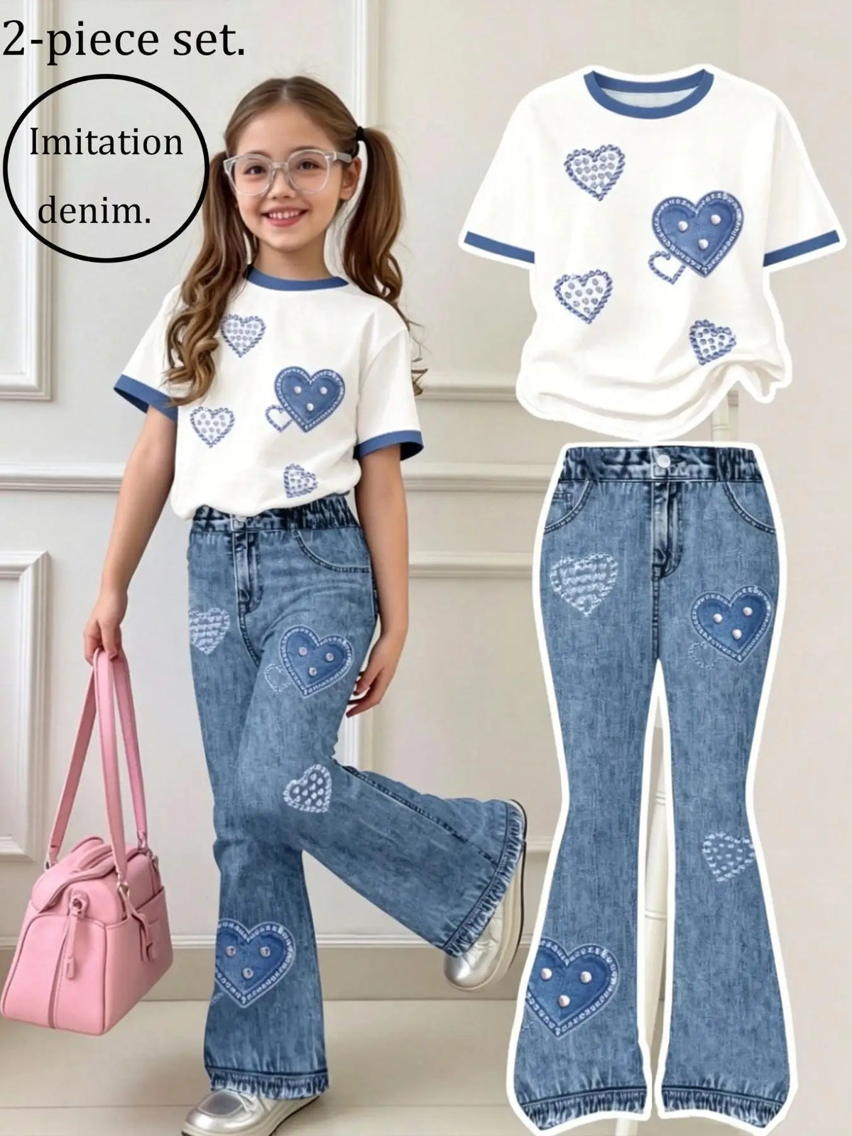 Girls' Summer and Autumn Casual Outfit Set: Girls' Heart-Print Two-Piece Set with Contrasting Color Trim Short-Sleeve T-Shirt + Faux Denim Flared Pants Set, Suitable for Girls Aged 4-12, for Home and Outing Wear