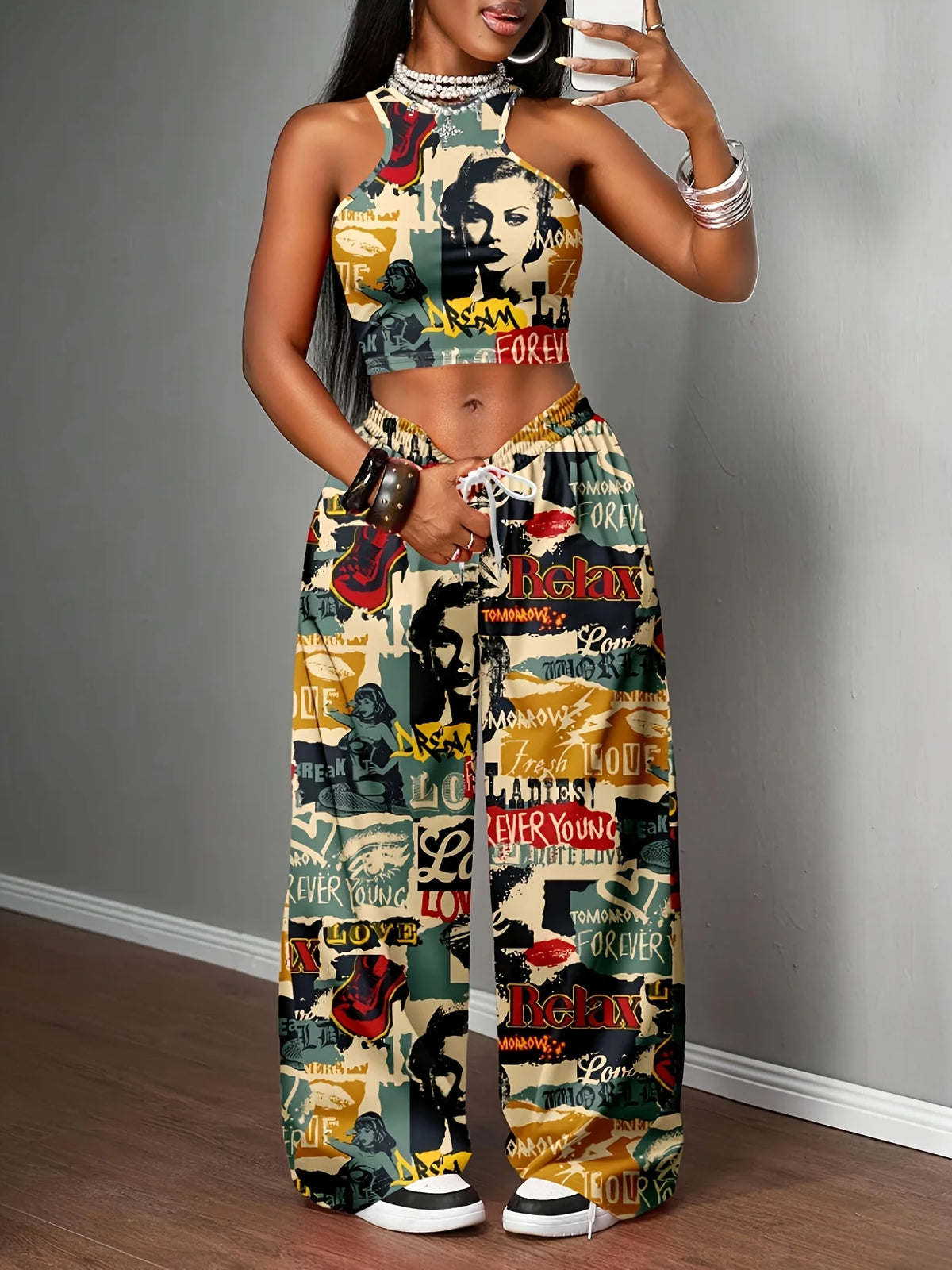 2026 New Retro Graffiti Wide Leg Pants Quick Drying Women's Elastic Waist Vintage Graphic Trousers Kids Casual Boho Streetwear