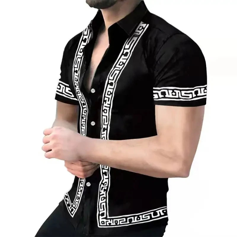2026 New Men's Fashion Striped Printed Short Sleeved T-shirt Summer Top Men's Button Casual T-shirt Clothing