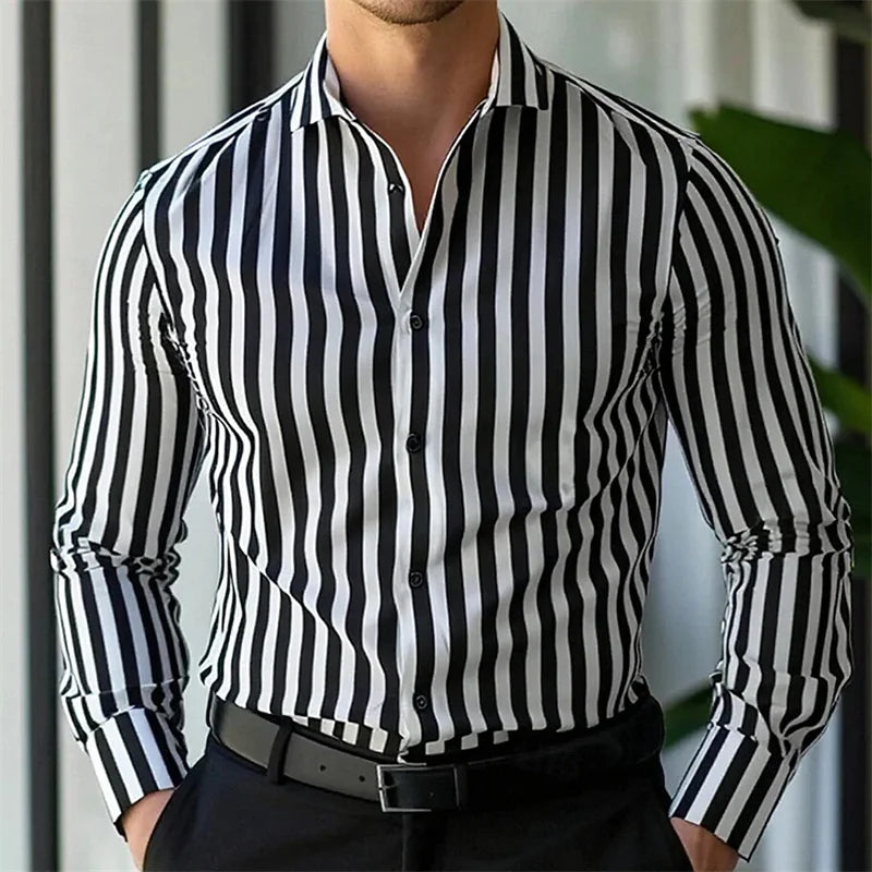 New Men's Striped Long-Sleeved Shirt, Stylish Design, Lapel Collar, Casual and Trendy Men's Top, Outdoor and Street Style