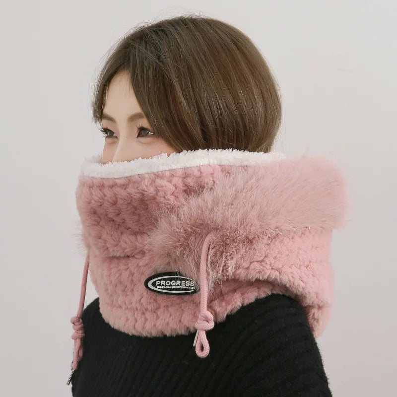 Women's Winter Thermal Hood Soft Plush Hat with Scarf and Mask, Windproof Ear Protection for Outdoor Riding and Cycling