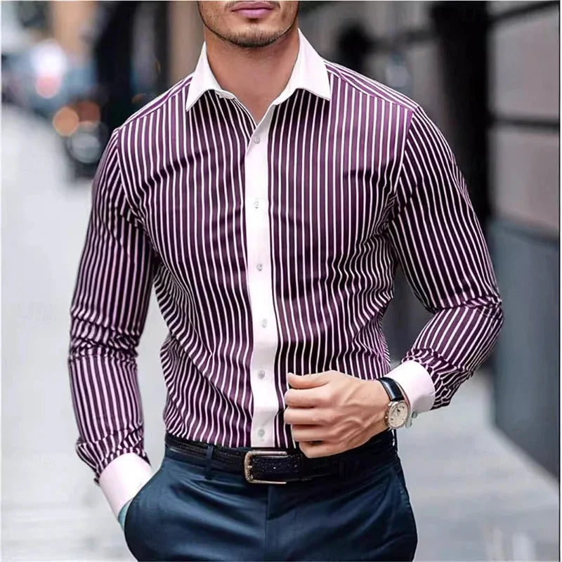New Men's Striped Long-Sleeved Shirt, Stylish Design, Lapel Collar, Casual and Trendy Men's Top, Outdoor and Street Style