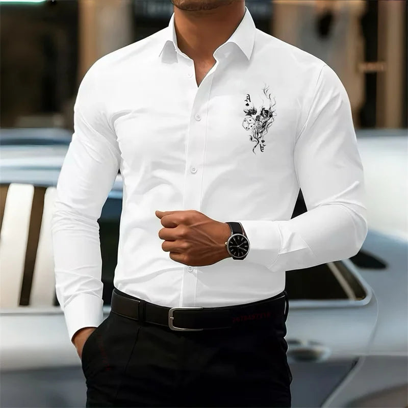 Men's Slim-Fit Long-Sleeve White Shirt with Poker Skull Print Design, Stylish Business Shirt, Outdoor Street Casual Men's Top
