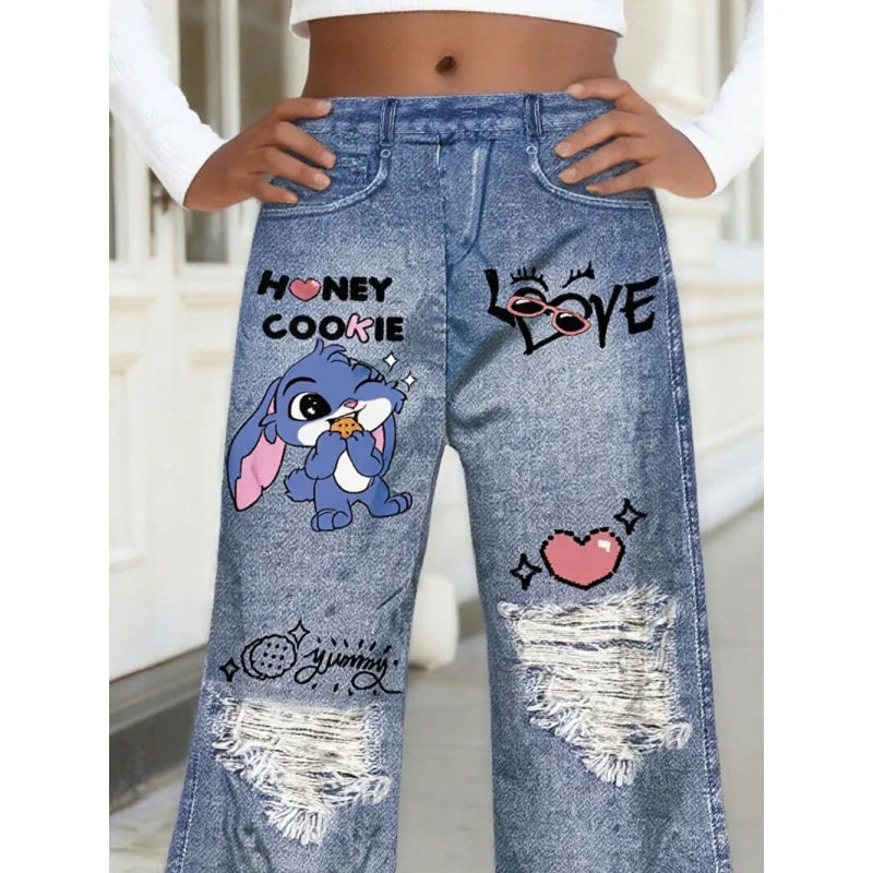 Hot Sale Kids Girls Cartoon Bunny Print Ripped Wide Leg Faux Jeans - Fashionable Ripped Faux Jeans for Kids Streetwear