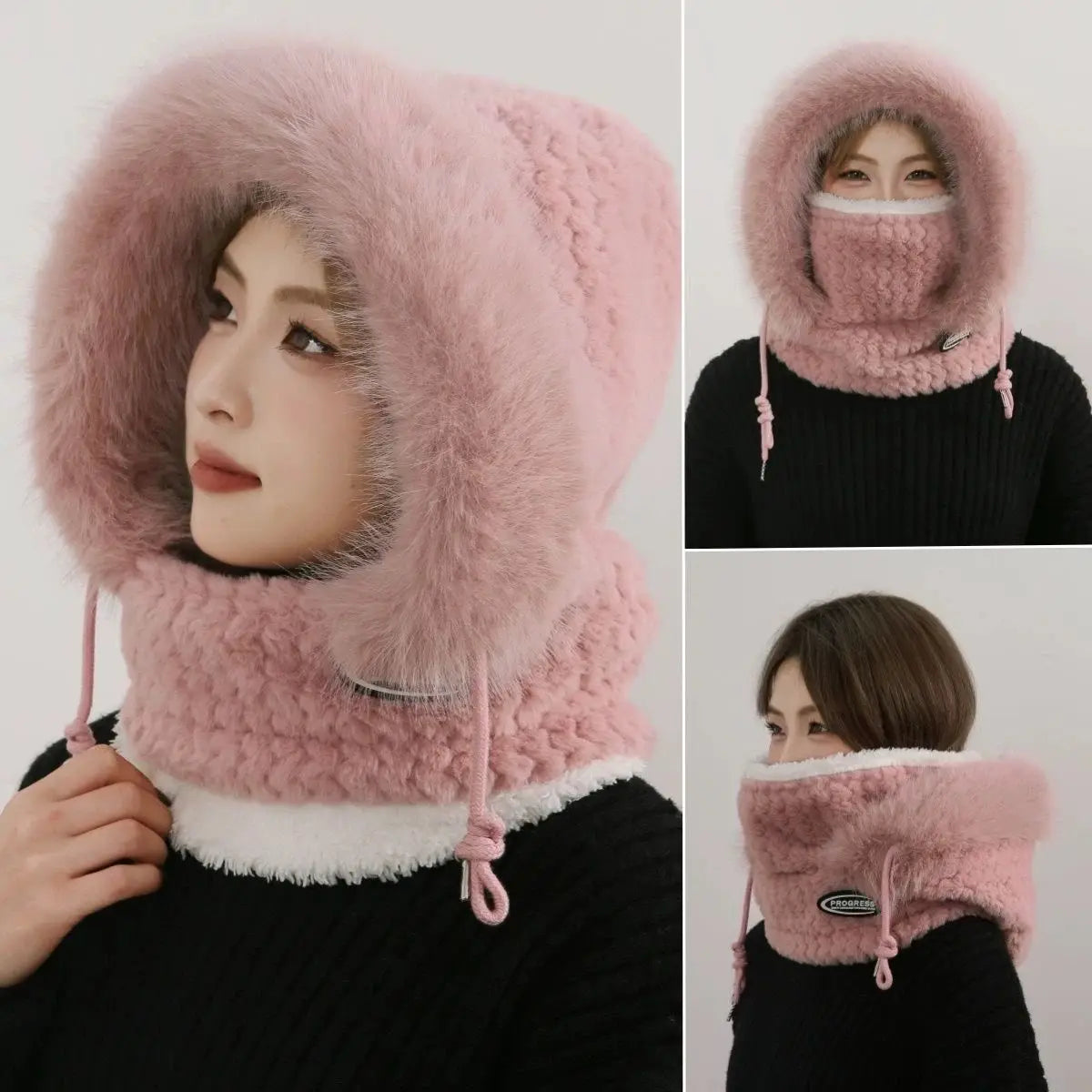 Women's Winter Thermal Hood Soft Plush Hat with Scarf and Mask, Windproof Ear Protection for Outdoor Riding and Cycling