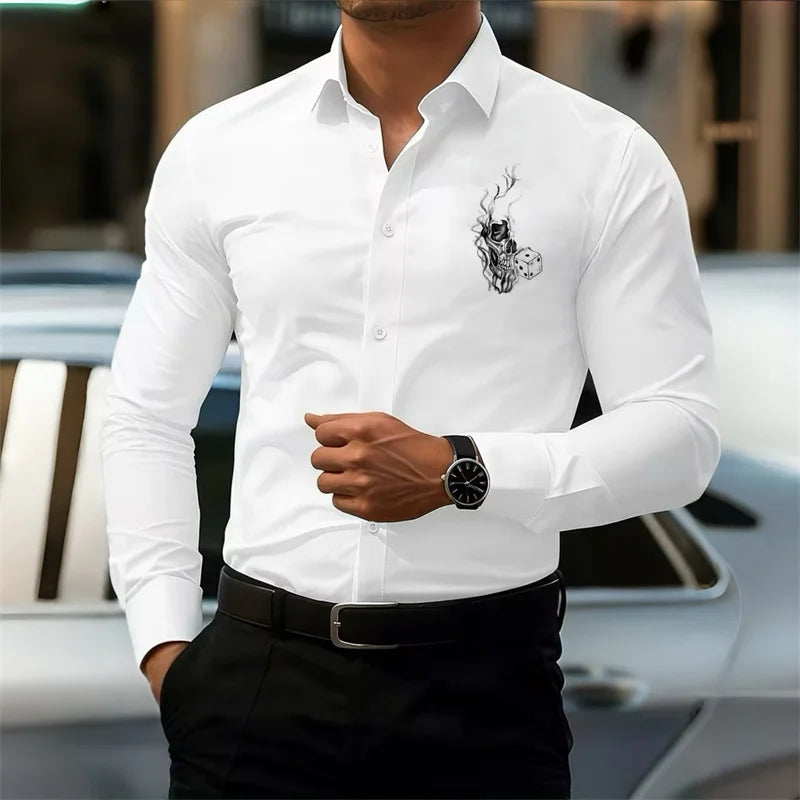Men's Slim-Fit Long-Sleeve White Shirt with Poker Skull Print Design, Stylish Business Shirt, Outdoor Street Casual Men's Top