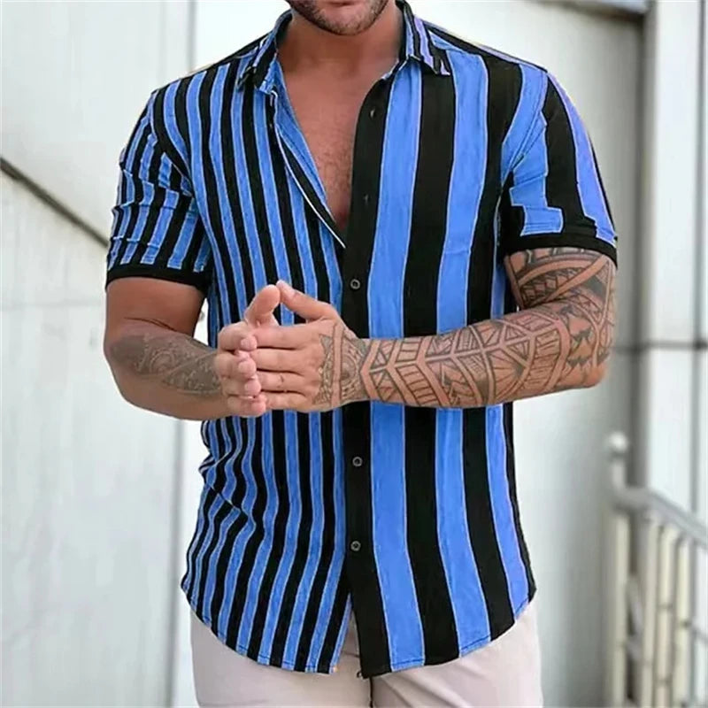 2026 New Men's Fashion Striped Printed Short Sleeved T-shirt Summer Top Men's Button Casual T-shirt Clothing