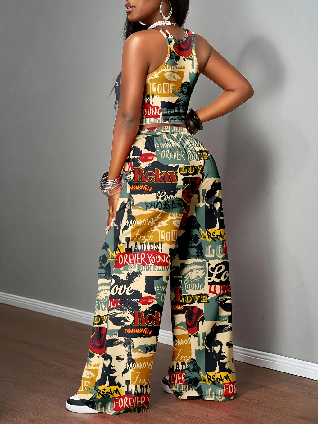 2026 New Retro Graffiti Wide Leg Pants Quick Drying Women's Elastic Waist Vintage Graphic Trousers Kids Casual Boho Streetwear