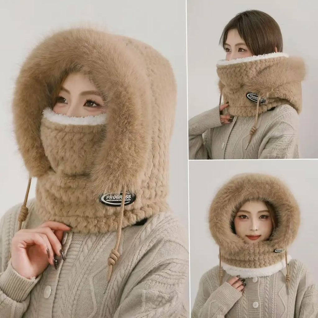 Women's Winter Thermal Hood Soft Plush Hat with Scarf and Mask, Windproof Ear Protection for Outdoor Riding and Cycling