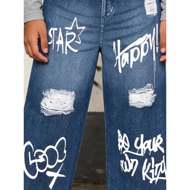 2026Children's English+Ripped Faux Denim Jeans Children's Campus Fashion Street Casual Pants