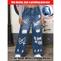 2026Children's English+Ripped Faux Denim Jeans Children's Campus Fashion Street Casual Pants