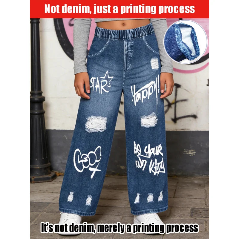 2026Children's English+Ripped Faux Denim Jeans Children's Campus Fashion Street Casual Pants