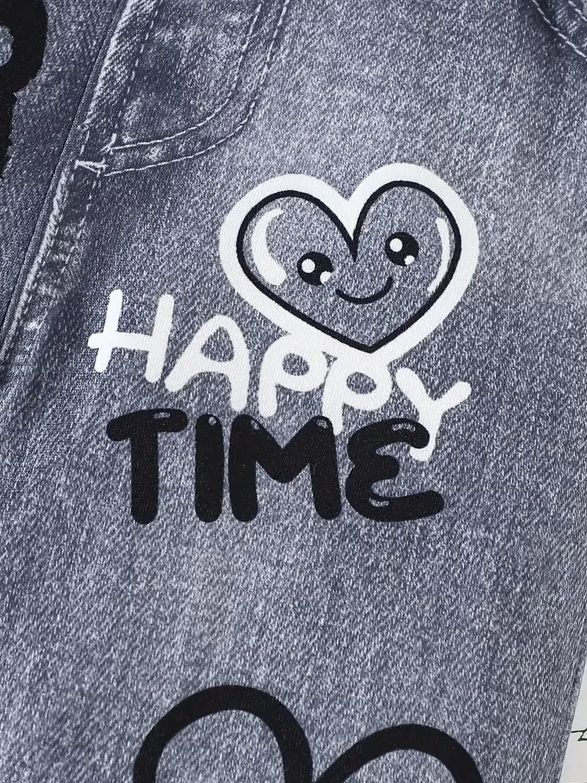 Girls' Summer Casual Outfit: T-Shirt with Heart and Smiley Face Print + Faux Denim "Happy Time" Graffiti Flared Pants Two-Piece Set Suitable for Children Aged 4-12, Versatile Clothing